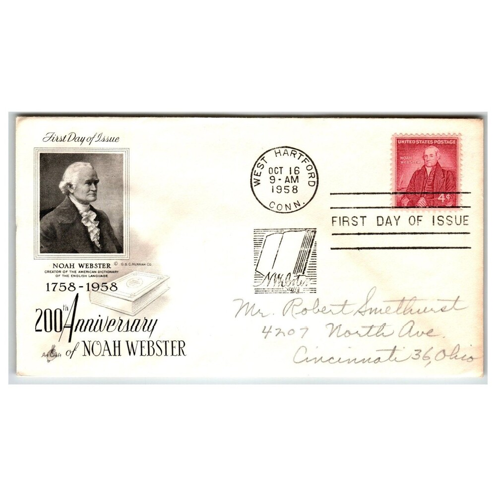 Scott #1120 1958 Noah Webster 4c FDC Artcraft West Hartford CT